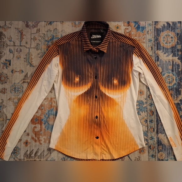 Jean Paul Gaultier Tops - Jean Paul Gaultier Orange and Black Graphic Stripe Button-Up Shirt. UNISEX
